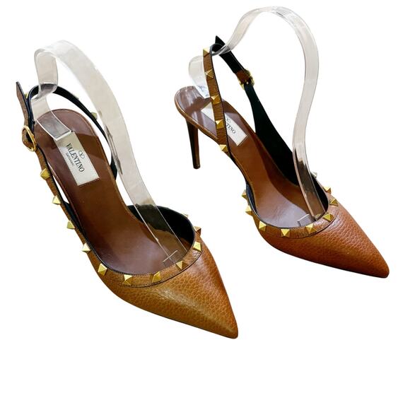 Valentino Garavani Rockstud Slingback Heels Brown Leather Gold Stud Pumps 39.5 - Picture 1 of 8